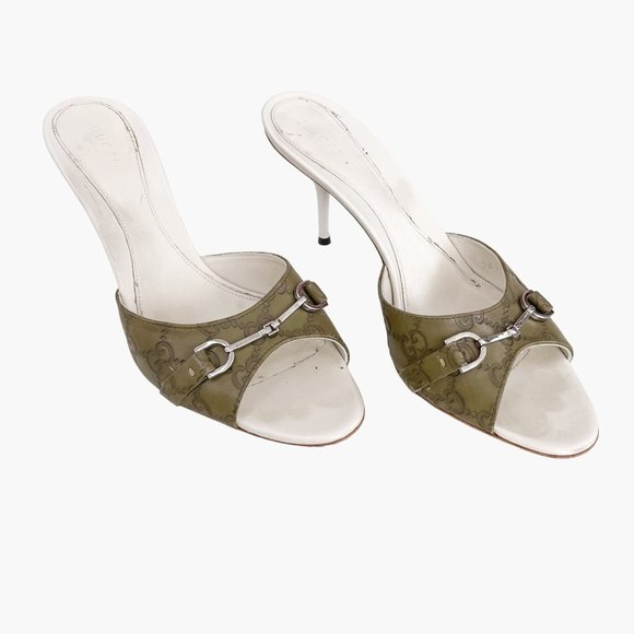 Gucci Horsebit Mules EU 39 US 9 Green GG Peep Toe Buckle High Heel Slide Sandals - Picture 1 of 12